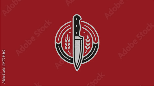 Chefs Knife Emblem with Wheat and Circular Design.