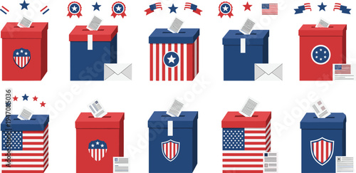 USA Election Ballot Box Collection with American Flag, Voting Symbols, Ballots and Patriotic Stars for Presidential Election Campaign and Democracy Concept Designs