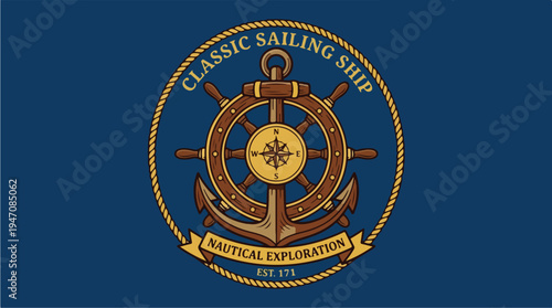 Classic Sailing Ship Nautical Exploration Emblem.