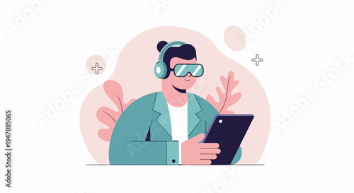 Person wearing VR headset and headphones holds a tablet device