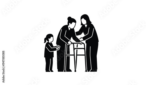 A young child observing an elderly woman being assisted by a caregiver using a mobility walker