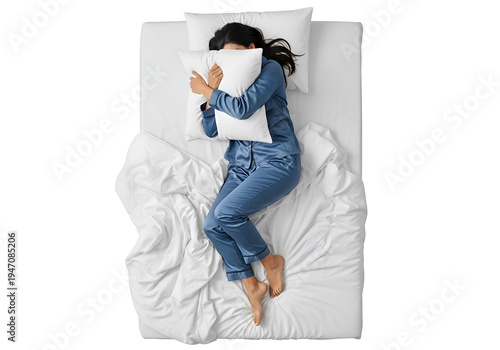 Woman sleeping in bed, blue pajamas, hugging pillow on white background , Isolated on Transparent Background, PNG, Generative AI 