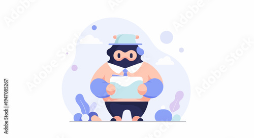 A stylized character in a hat holds a document in a whimsical setting
