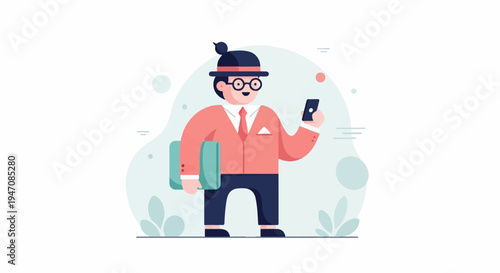 Cheerful cartoon man in suit holding briefcase and phone