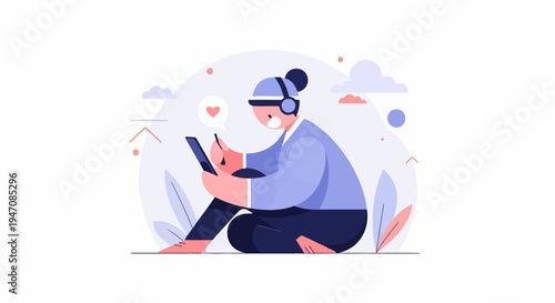 Person with headphones sits on floor, engrossed in phone, surrounded by abstract shapes