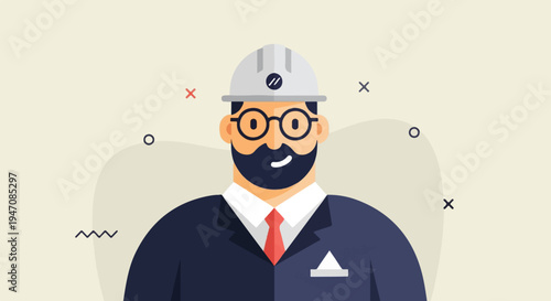 A smiling, bearded man in a suit and hard hat