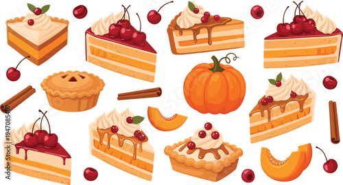 Autumn Cake and Pumpkin Dessert Collection with Cherry Topped Pastry Slices, Cinnamon Sticks, and Seasonal Bakery Treats for Cafe Menu and Bakery Design