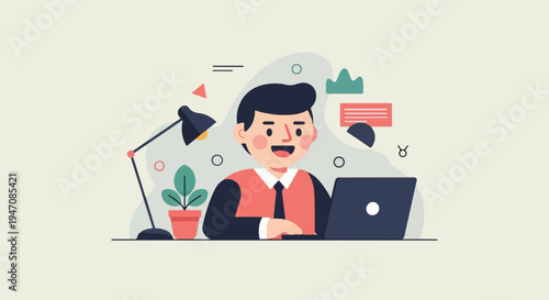 Cheerful person working on a laptop at a desk with lamp and plant