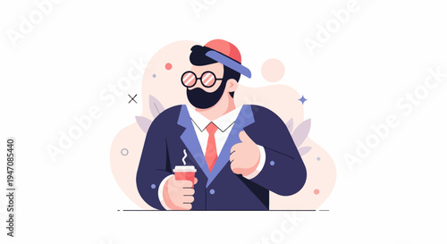 A stylish man in a suit and cap holds a coffee cup and gives a thumbs-up