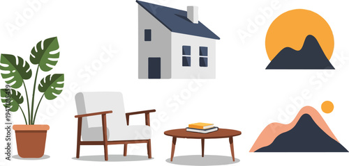 A potted plant, house, armchair, coffee table with books, and abstract mountains