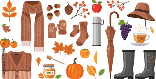Autumn Cozy Season Elements Collection with Scarf, Sweater, Pumpkin, Umbrella, Boots, Tea Cup, and Fall Leaves for Seasonal Illustration Set