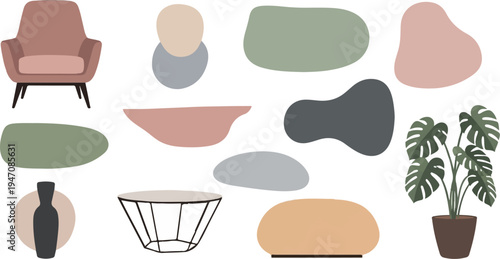 Flat design elements armchair, plant, tables, vase, abstract shapes