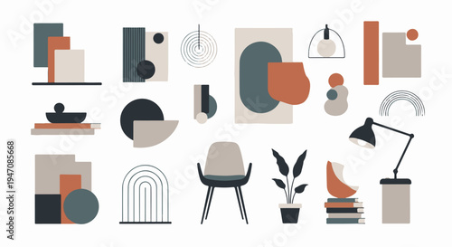 A collection of abstract shapes, furniture, and decorative items in a minimalist style