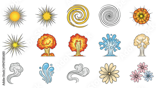 Collection of various comic book style special effects including explosions swirls water splashes wind clouds and colorful flowers.