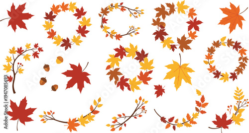Autumn Fall Leaf Wreath Collection with Maple Leaves, Branches, Acorns and Seasonal Foliage Decorations for Thanksgiving Invitations, Greeting Cards and Harvest Designs