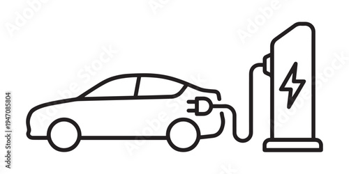 Minimalist vector icon of an electric vehicle connected to a charging station, representing sustainable transportation, green energy, and modern EV infrastructure.