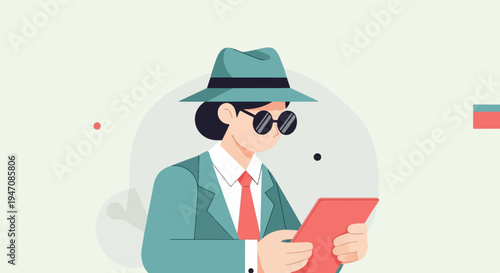 Stylized illustration of a person in a hat and suit holding a tablet
