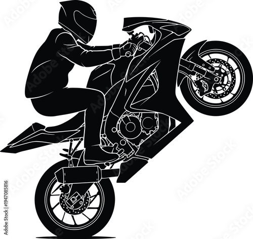 Sport motorcycle rider performing wheelie stunt silhouette isolated on white background, extreme motorbike action vector illustration for motorsport design