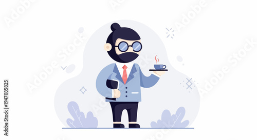 Stylized male server in suit holds tray with steaming coffee