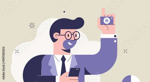 Stylized man in suit holding phone, pointing up with camera