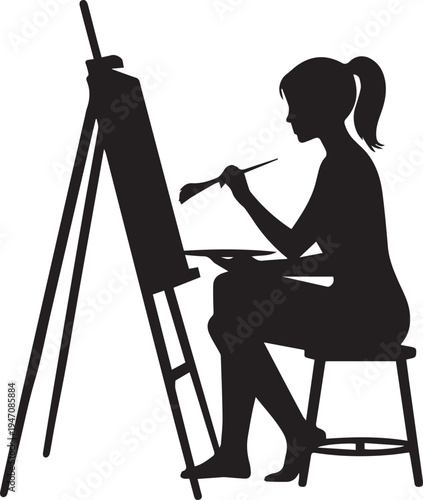 Woman sitting on chair painting on easel with brush in hand silhouette black and white