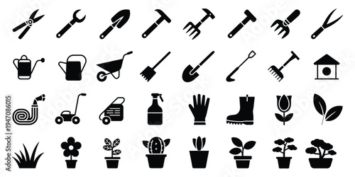 Black silhouette icons for gardening tools plants and equipment Keywords: gardening, tools, plants, watering can, wheelbarrow