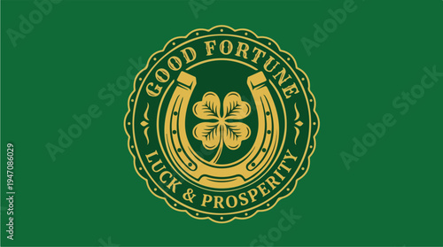 Golden Horseshoe and Four Leaf Clover Symbol of Good Luck and Prosperity.