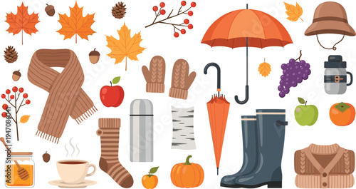 Autumn Season Elements Collection with Scarf, Umbrella, Boots, Leaves, Pumpkin, Tea Cup, and Cozy Fall Accessories Illustration Set for Seasonal Design