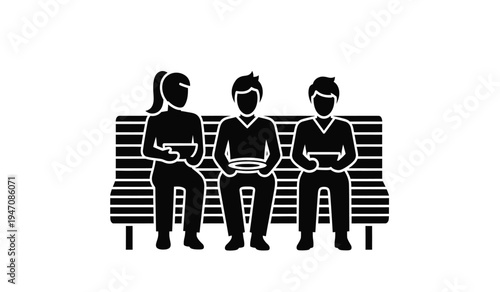 Black silhouette icon of three diverse people sitting together on a long wooden park bench seat