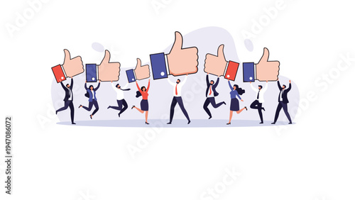 Team of business professionals in formal attire holding up large thumbs up icons to show approval and positive feedback in a workspace.