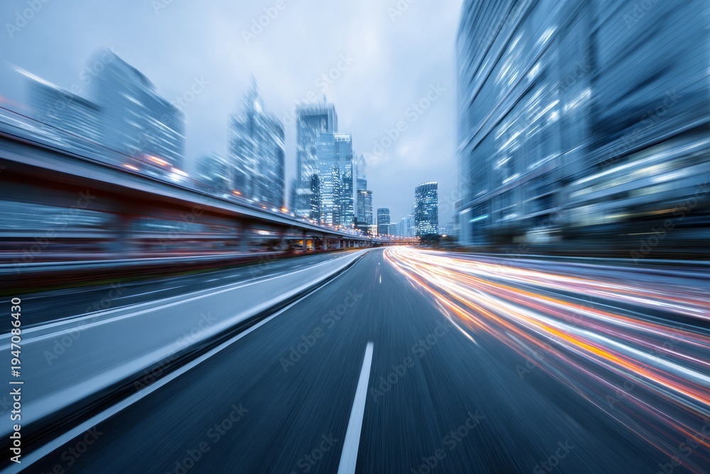 Obraz premium Streaking light trails illuminate a modern metropolitan highway captured with motion blur