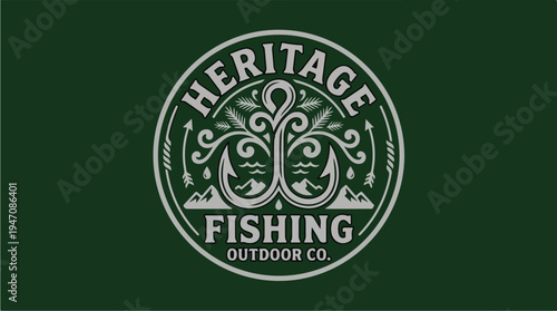 Heritage Fishing Outdoor Co Vintage Anchor Emblem Logo.