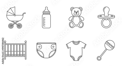 Baby care items and accessories outline icons collection