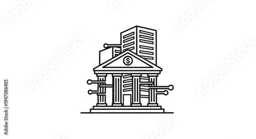 Bank building and modern skyscraper with financial data connections