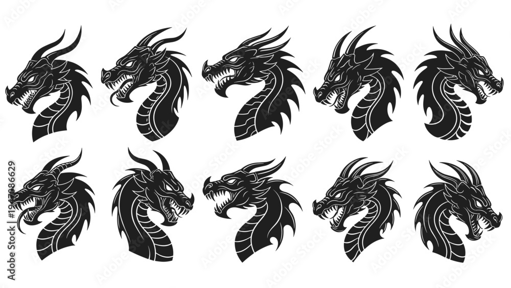 Fototapeta premium Set of ten detailed black and white dragon head profile illustrations in different styles for fantasy and tattoo design inspiration.