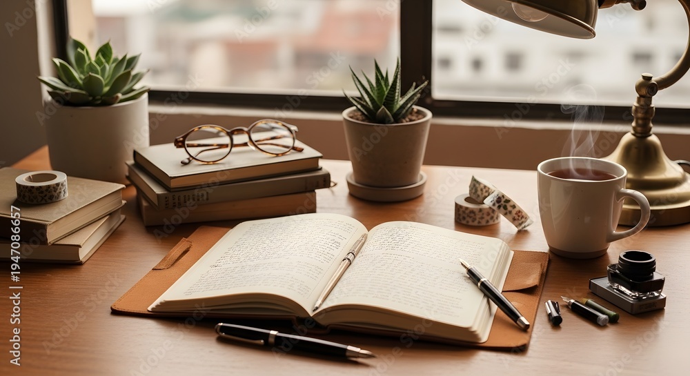 Fototapeta premium Wooden desk with open notebook, books, glasses, coffee mug, and potted plants by a window