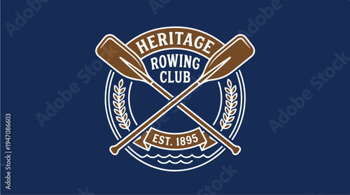 Heritage Rowing Club Emblem with Crossed Oars and Laurel Wreath.