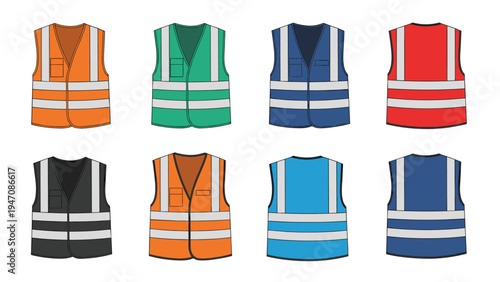 Collection of eight high visibility safety vests in various colors like orange green blue and red with reflective stripes for workwear.