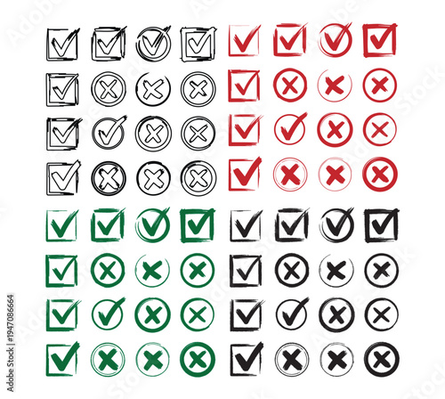 Collection of hand drawn check and x marks in various colors
