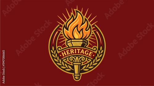 Heritage Torch Emblem with Laurel Wreath and Rays.
