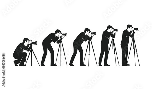 A sequence of five silhouettes showing photographers capturing images with cameras on tripods