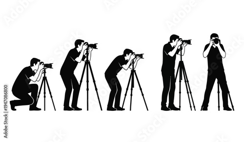 A sequence of five black silhouettes showing photographers using cameras mounted on tall tripods