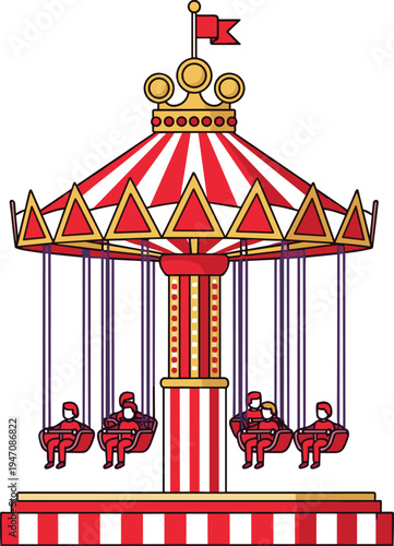 Swing carousel amusement ride vector illustration, carnival chair swing attraction with people at fairground theme park, festive entertainment icon isolated