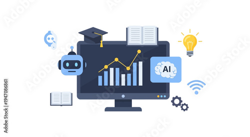 Machine Learning, AI Education, and Data Analysis Concept. Robot, Books, Graduation Cap, and Chart on Desktop Monitor.