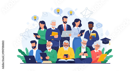 Intergenerational Education and Knowledge Transfer. Diverse Team Collaboration, Mentorship, and Professional Development Illustration.