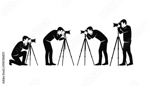 A sequence of four silhouetted photographers capturing images with cameras mounted on tripods