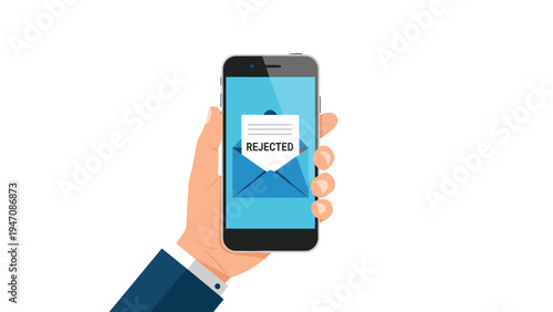Hand in a business suit holding a smartphone displaying a rejected email notification with a white paper coming out of a blue envelope.