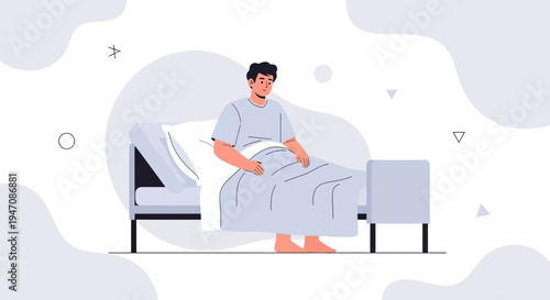 Man sitting on hospital bed, feeling unwell, medical care concept