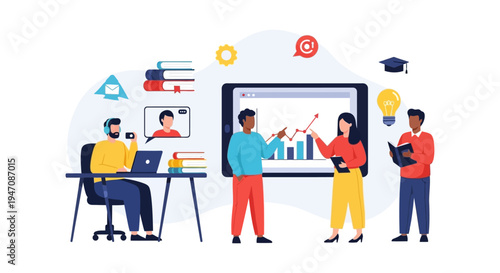 Online Education, E-learning, and Business Presentation Flat Illustration. Diverse Team Collaborating on Data Analysis and Professional Training.