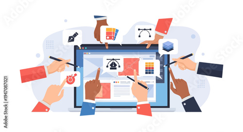 Graphic Design Team Collaboration Illustration. Hands Interacting with UI/UX Development Tools on a Laptop Screen.